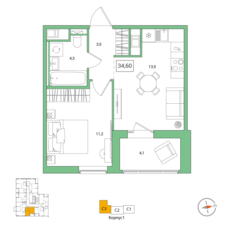 1-комнатная квартира, 34.6 м² в ЖК "Янила Форест" - планировка, фото №1