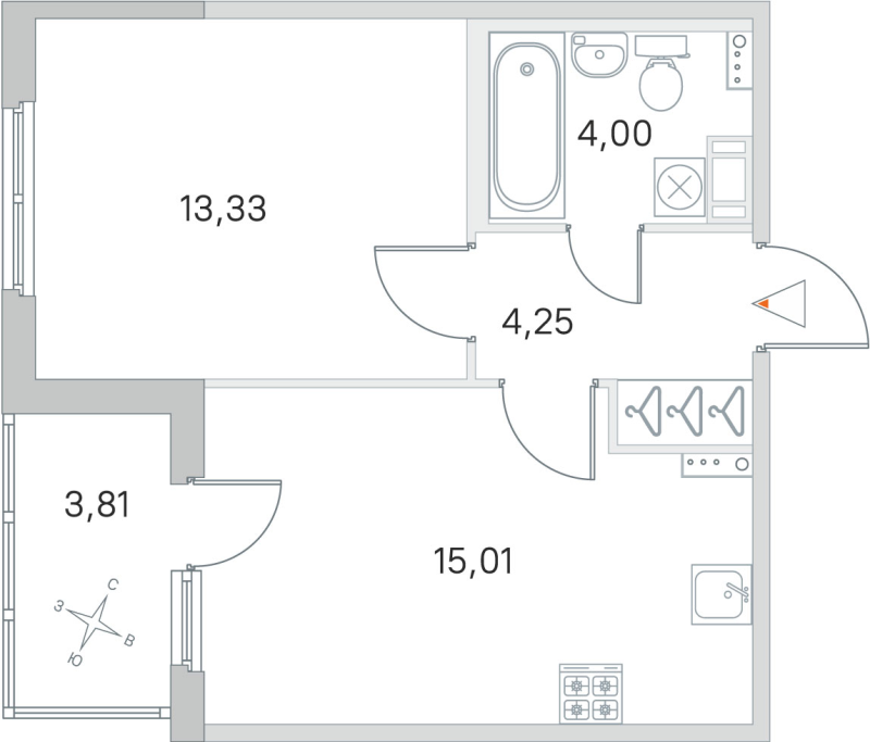 2-комнатная (Евро) квартира, 36.59 м² в ЖК "Любоград" - планировка, фото №1