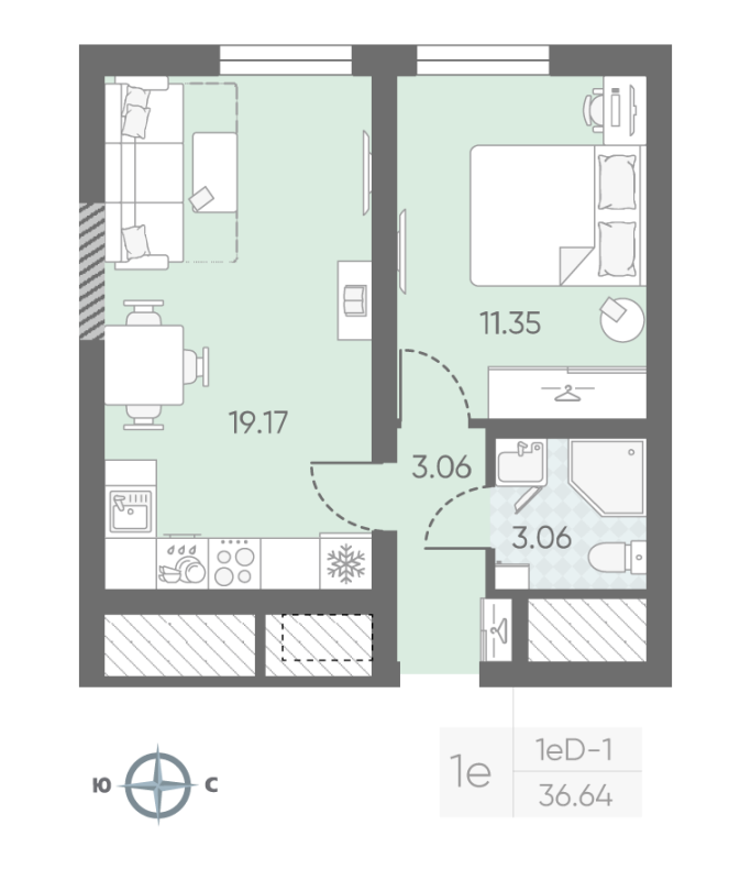 1-комнатная квартира, 36.64 м² в ЖК "Морская миля" - планировка, фото №1