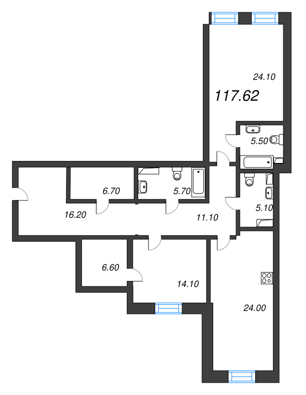 3-комнатная (Евро) квартира, 117.7 м² - планировка, фото №1