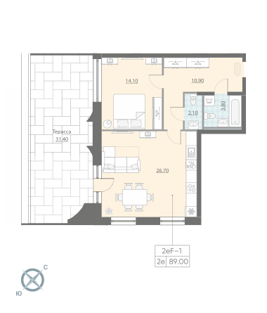 2-комнатная (Евро) квартира, 89 м² - планировка, фото №1