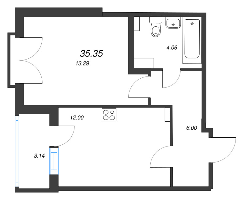 1-комнатная квартира, 35.35 м² в ЖК "Любоград" - планировка, фото №1