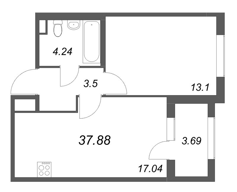 2-комнатная (Евро) квартира, 37.88 м² в ЖК "Дубровский" - планировка, фото №1