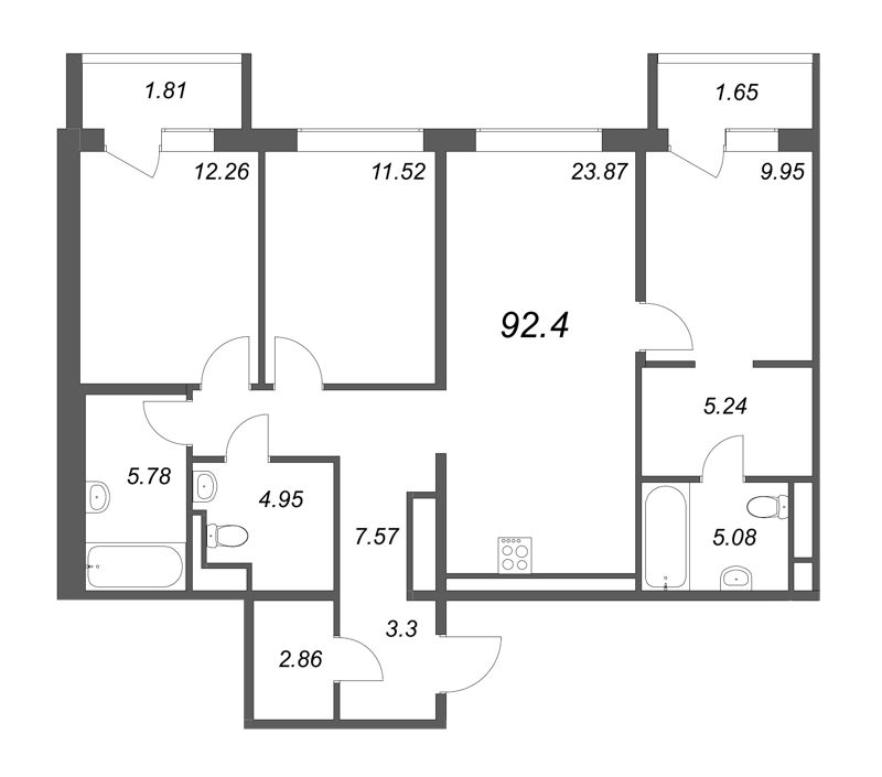 4-комнатная (Евро) квартира, 92.4 м² в ЖК "Большой, 67" - планировка, фото №1
