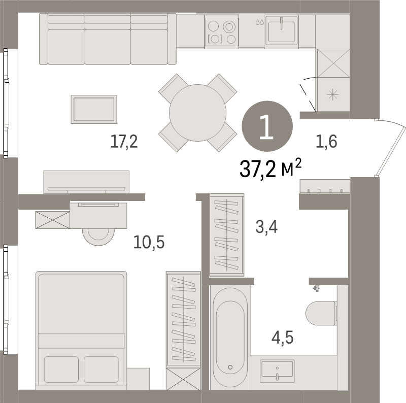 2-комнатная (Евро) квартира, 37.2 м² в ЖК "Брусника в Новоселье" - планировка, фото №1
