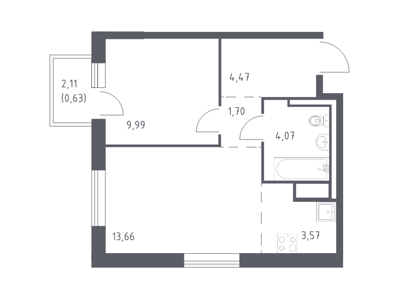 2-комнатная (Евро) квартира, 38.09 м² в ЖК "Квартал Лаголово" - планировка, фото №1