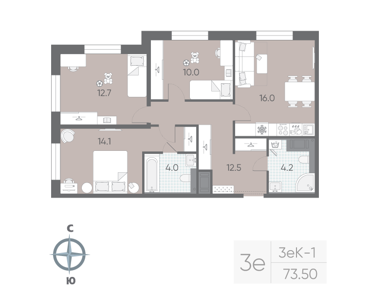 4-комнатная (Евро) квартира, 73.5 м² в ЖК "Большая Охта" - планировка, фото №1