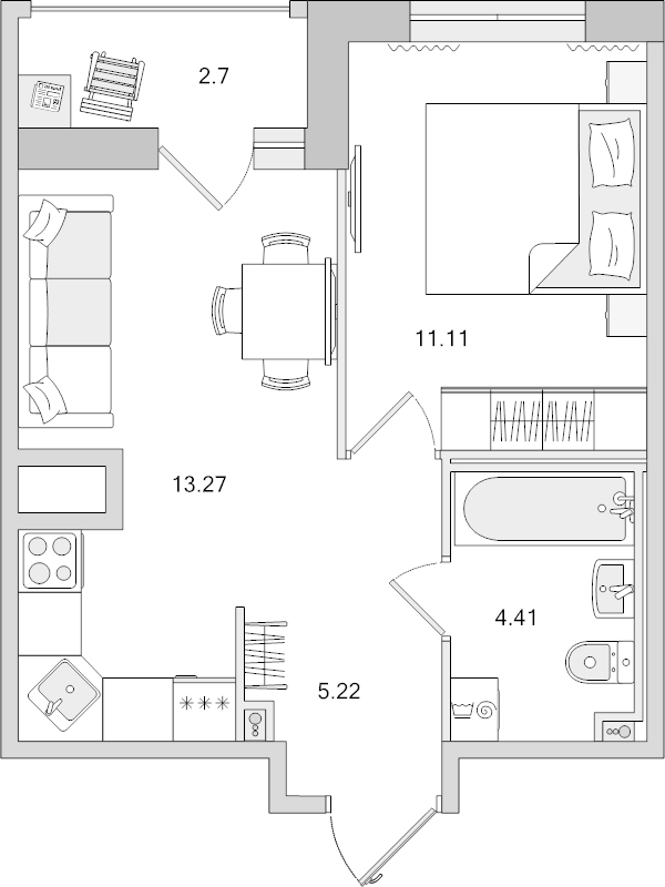 1-комнатная квартира, 34.01 м² - планировка, фото №1