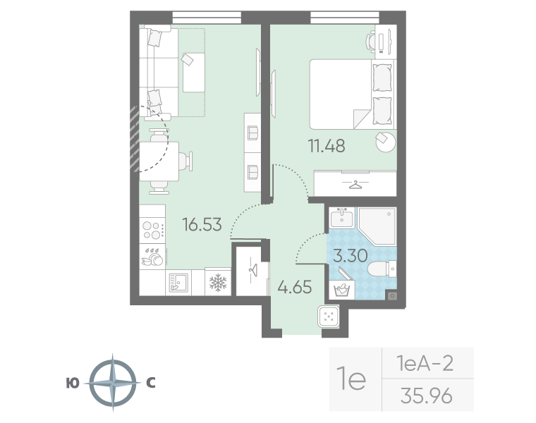 2-комнатная (Евро) квартира, 35.96 м² в ЖК "Морская миля" - планировка, фото №1