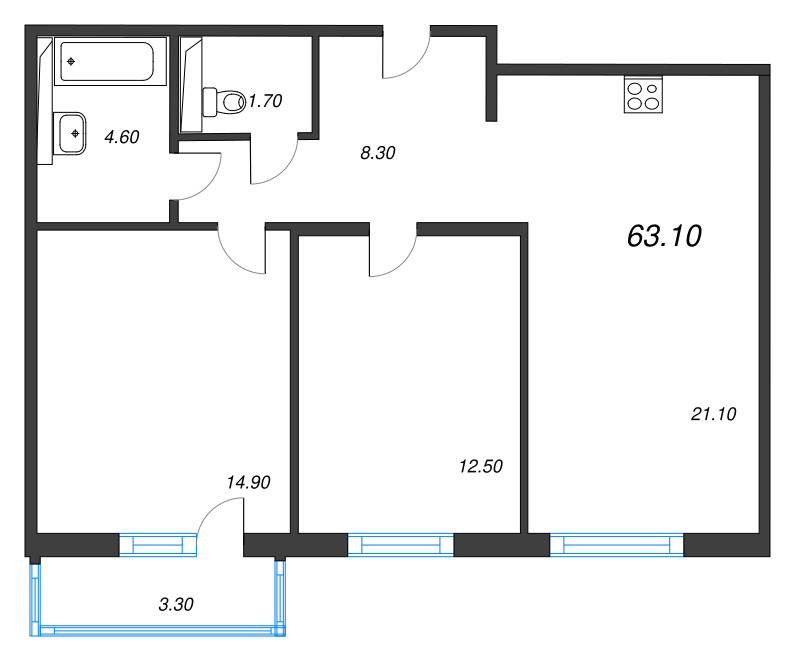 3-комнатная (Евро) квартира, 63.1 м² в ЖК "Руднева 15" - планировка, фото №1