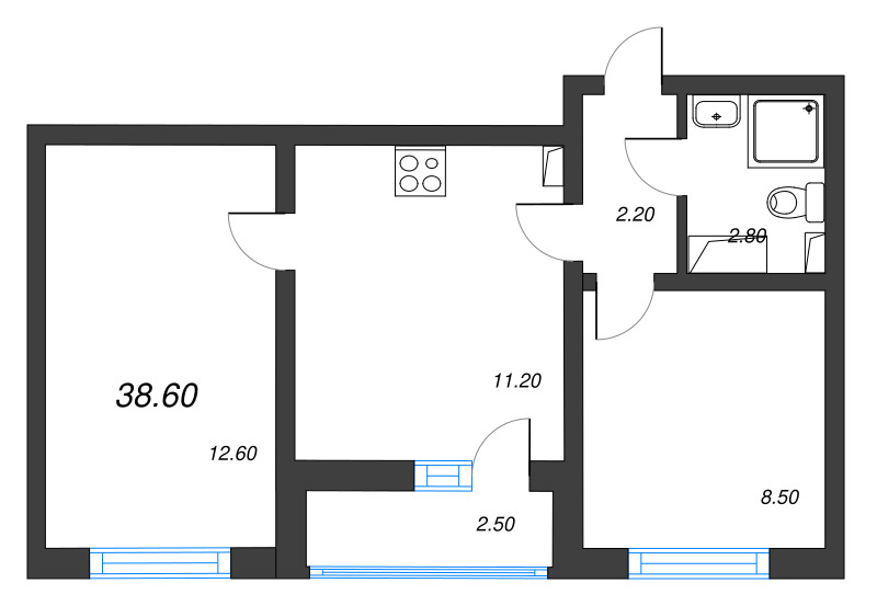 2-комнатная квартира, 38.6 м² в ЖК "Цветной город" - планировка, фото №1