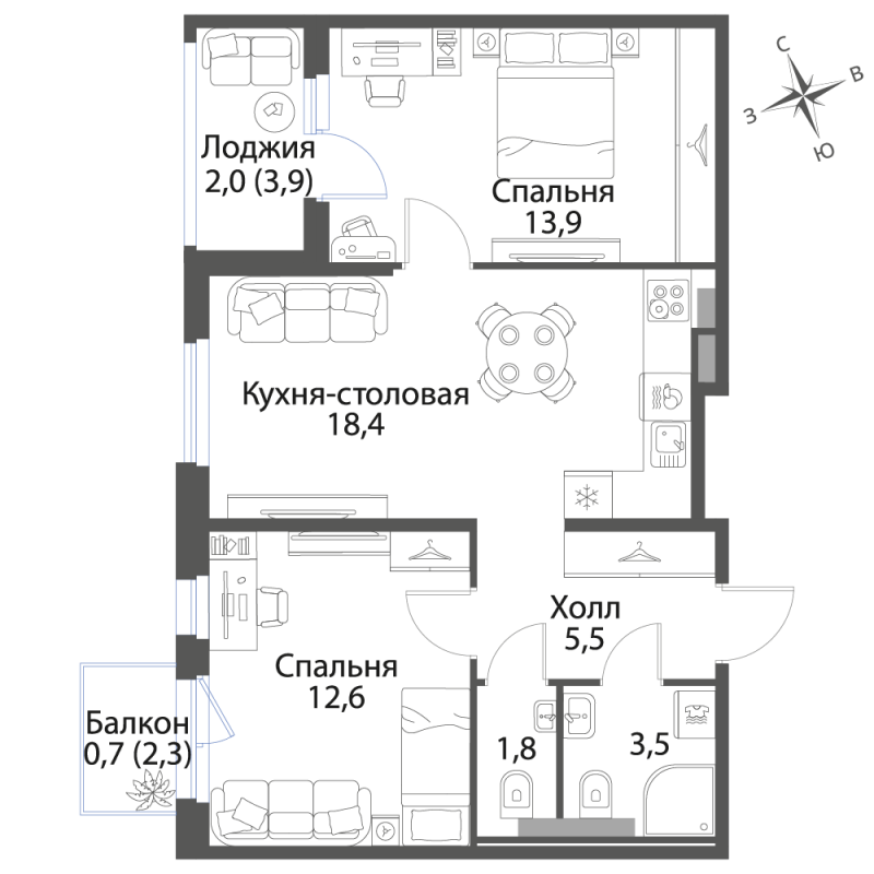 3-комнатная (Евро) квартира, 58.4 м² в ЖК "Экография" - планировка, фото №1