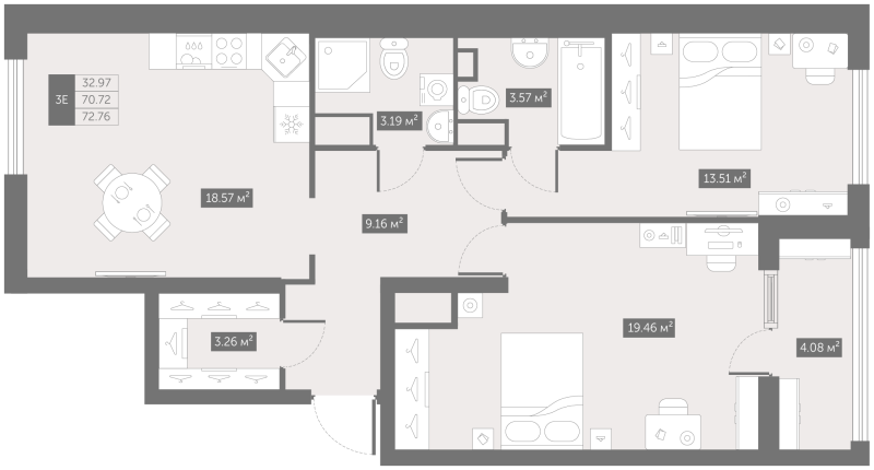 3-комнатная (Евро) квартира, 72.76 м² в ЖК "UP-квартал Новый Московский" - планировка, фото №1