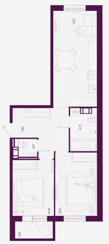 2-комнатная квартира, 58.64 м² - планировка, фото №1