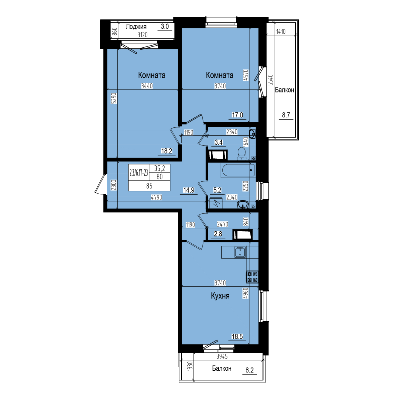 3-комнатная (Евро) квартира, 86 м² в ЖК "ПРАГМА city" - планировка, фото №1