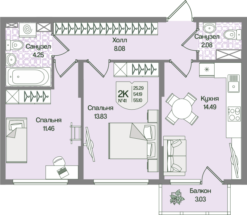2-комнатная квартира, 55.1 м² в ЖК "Охтинские высоты" - планировка, фото №1