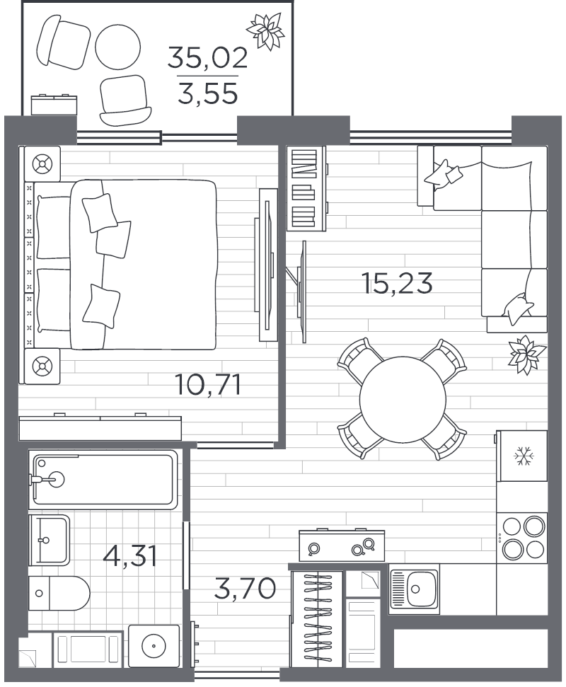 1-комнатная квартира, 35.02 м² - планировка, фото №1