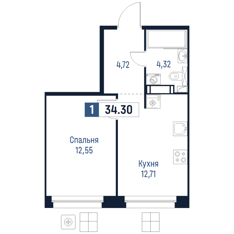1-комнатная квартира, 34.3 м² в ЖК "Максималист" - планировка, фото №1