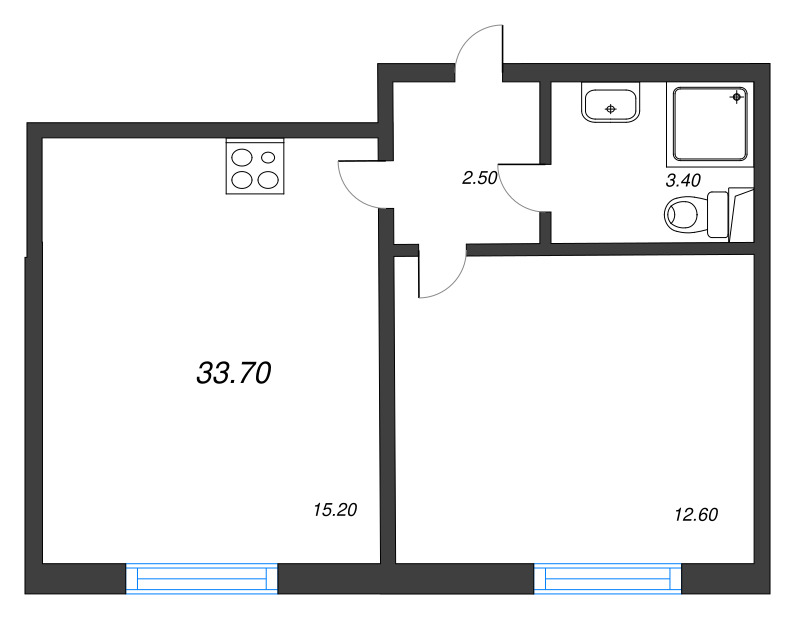 2-комнатная (Евро) квартира, 33.7 м² - планировка, фото №1