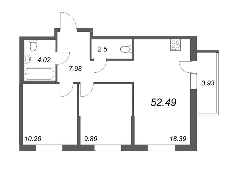 3-комнатная (Евро) квартира, 57.96 м² в ЖК "Новые горизонты" - планировка, фото №1