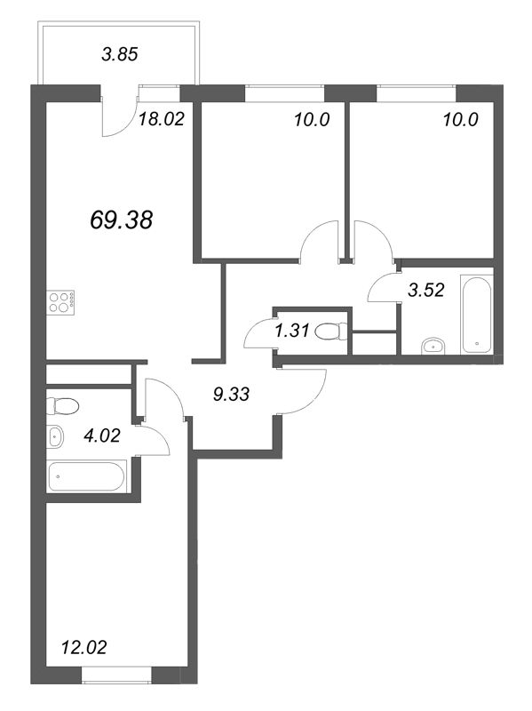 4-комнатная (Евро) квартира, 69.38 м² в ЖК "Аэросити Лайф" - планировка, фото №1