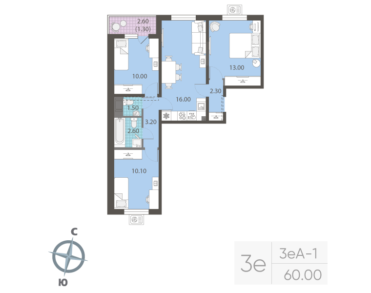 4-комнатная (Евро) квартира, 60 м² в ЖК "ЛСР. Ржевский парк" - планировка, фото №1