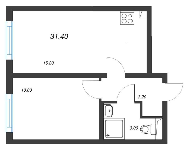 2-комнатная (Евро) квартира, 31.4 м² в ЖК "Ручьи" - планировка, фото №1