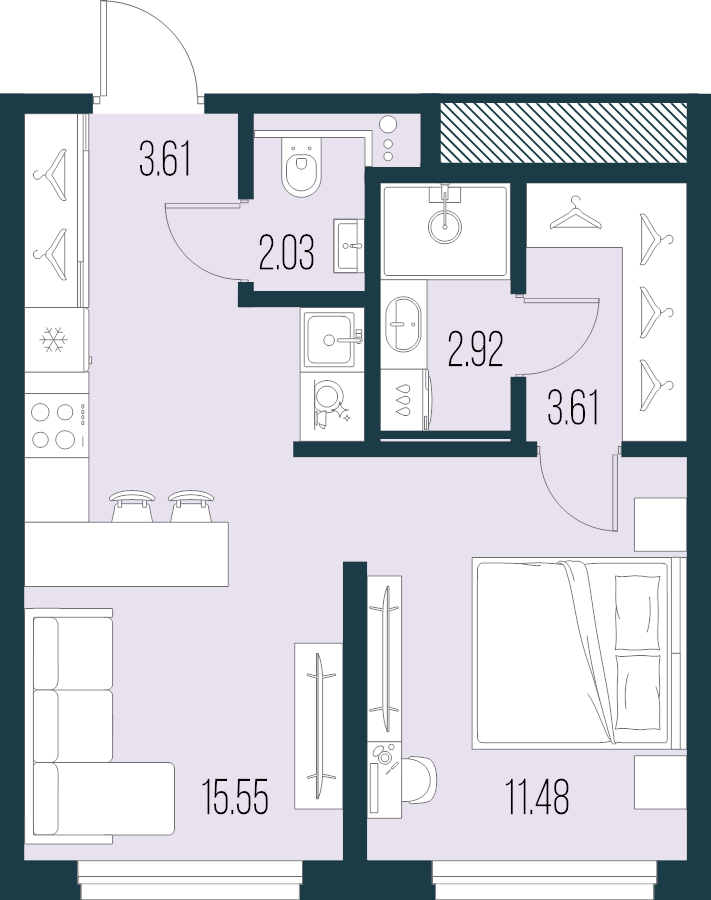 2-комнатная (Евро) квартира, 39.2 м² в ЖК "Новая Земля" - планировка, фото №1
