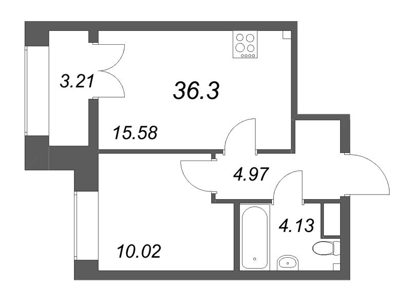 2-комнатная (Евро) квартира, 36.3 м² в ЖК "NewПитер 2.0" - планировка, фото №1