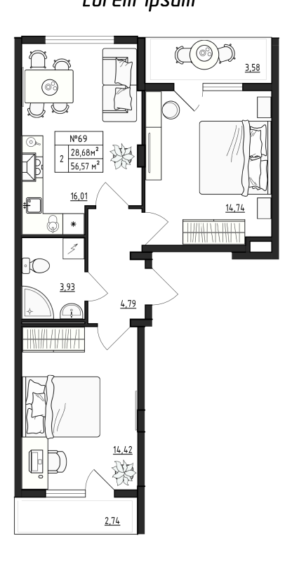 3-комнатная (Евро) квартира, 56.57 м² в ЖК "Верево Сити" - планировка, фото №1