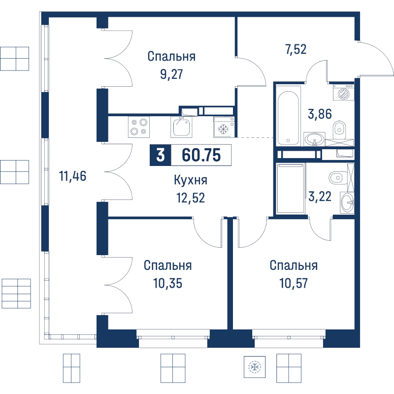 3-комнатная квартира, 60.75 м² в ЖК "Символист" - планировка, фото №1