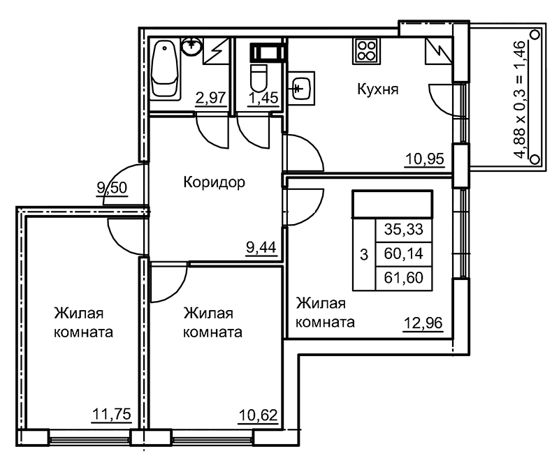 3-комнатная квартира, 62.39 м² в ЖК "Панорама Юкки" - планировка, фото №1