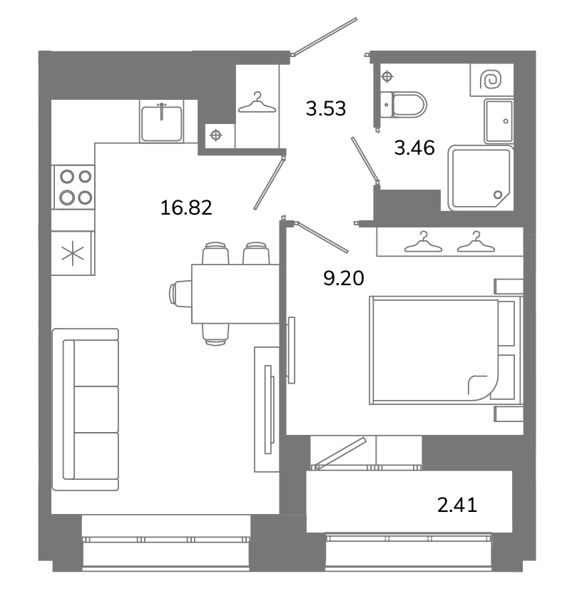2-комнатная (Евро) квартира, 34.21 м² в ЖК "Твой космос" - планировка, фото №1