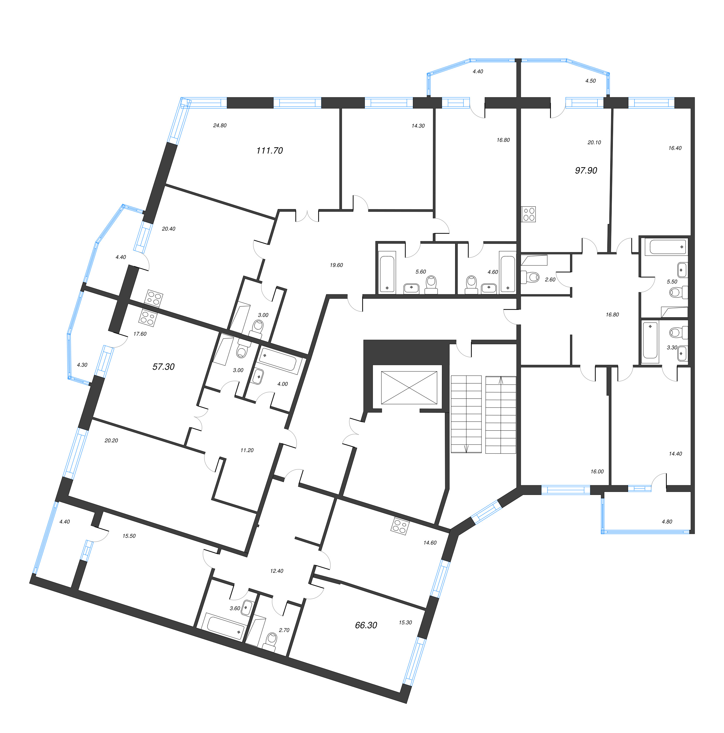 3-комнатная квартира, 97.9 м² в ЖК "Lotos Club" - планировка этажа