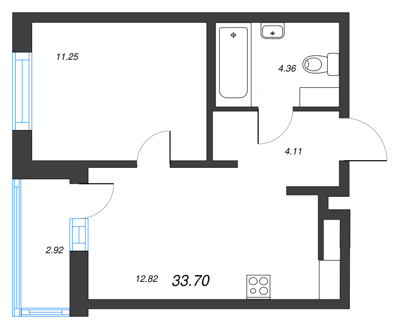 1-комнатная квартира, 33.7 м² в ЖК "ID Murino III" - планировка, фото №1