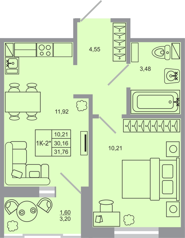 1-комнатная квартира, 31.76 м² в ЖК "Стороны света-2" - планировка, фото №1