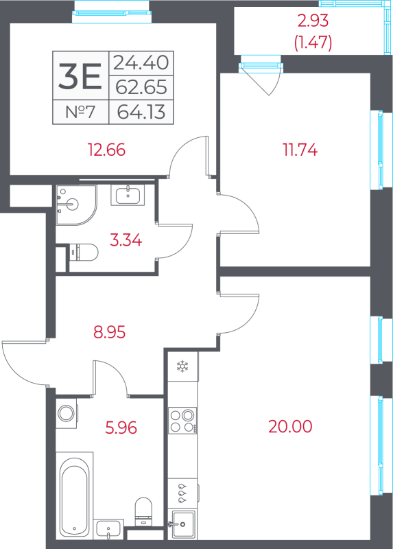 3-комнатная (Евро) квартира, 64.13 м² в ЖК "Город-спутник Южный" - планировка, фото №1