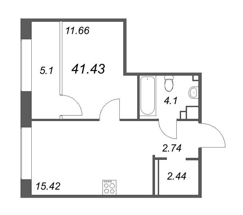 2-комнатная (Евро) квартира, 41.43 м² в ЖК "17/33 Петровский остров" - планировка, фото №1