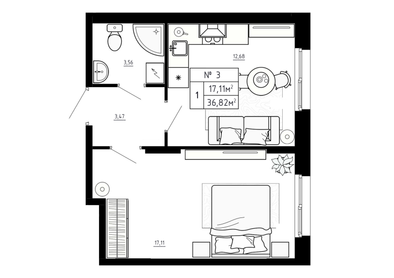 1-комнатная квартира, 36.82 м² в ЖК "Аннино Сити" - планировка, фото №1