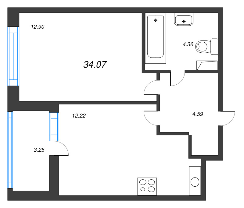 1-комнатная квартира, 34.07 м² - планировка, фото №1