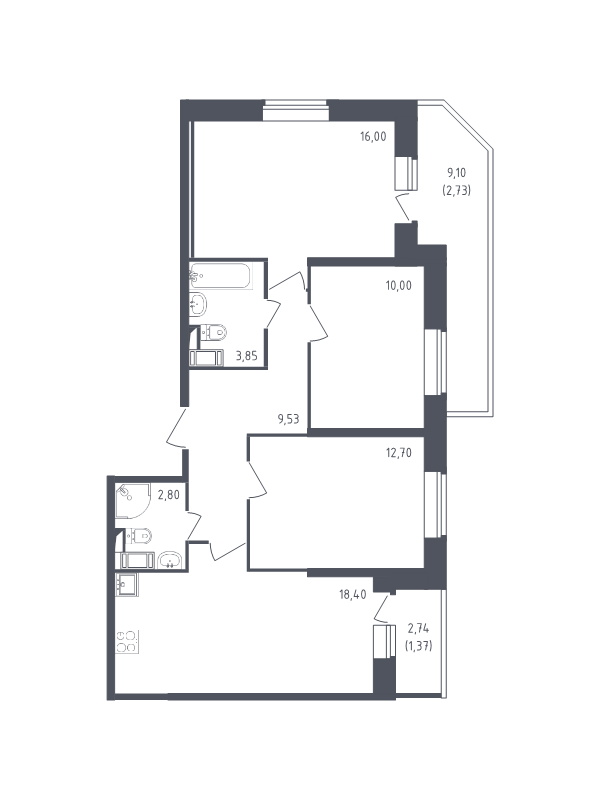 4-комнатная (Евро) квартира, 77.38 м² в ЖК "Живи! В Рыбацком" - планировка, фото №1