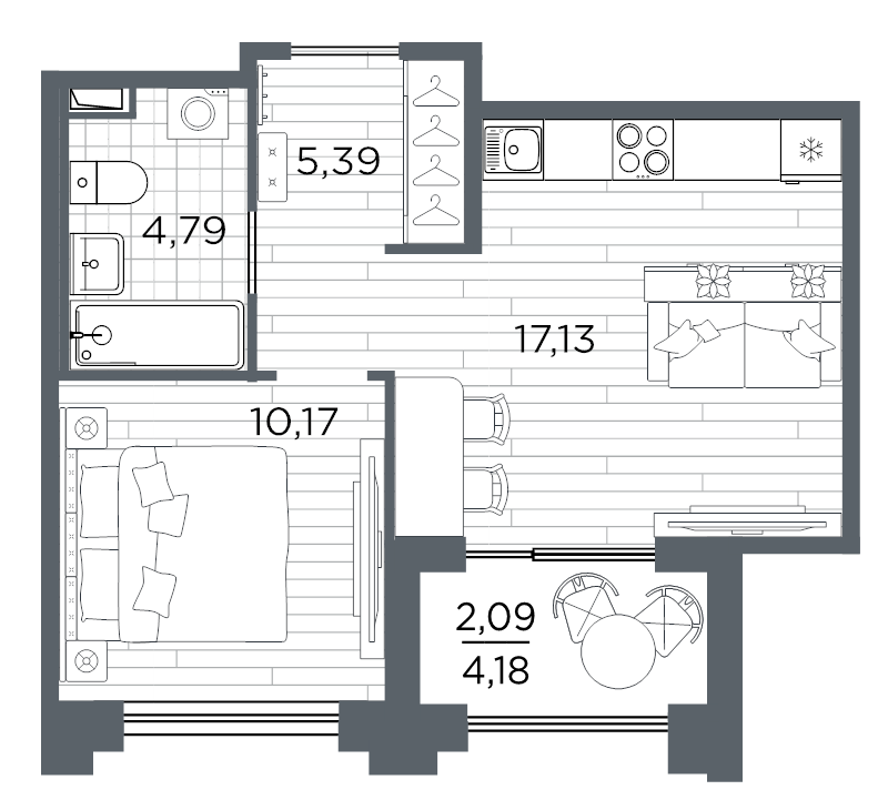 2-комнатная (Евро) квартира, 39.57 м² в ЖК "Ассамблея" - планировка, фото №1