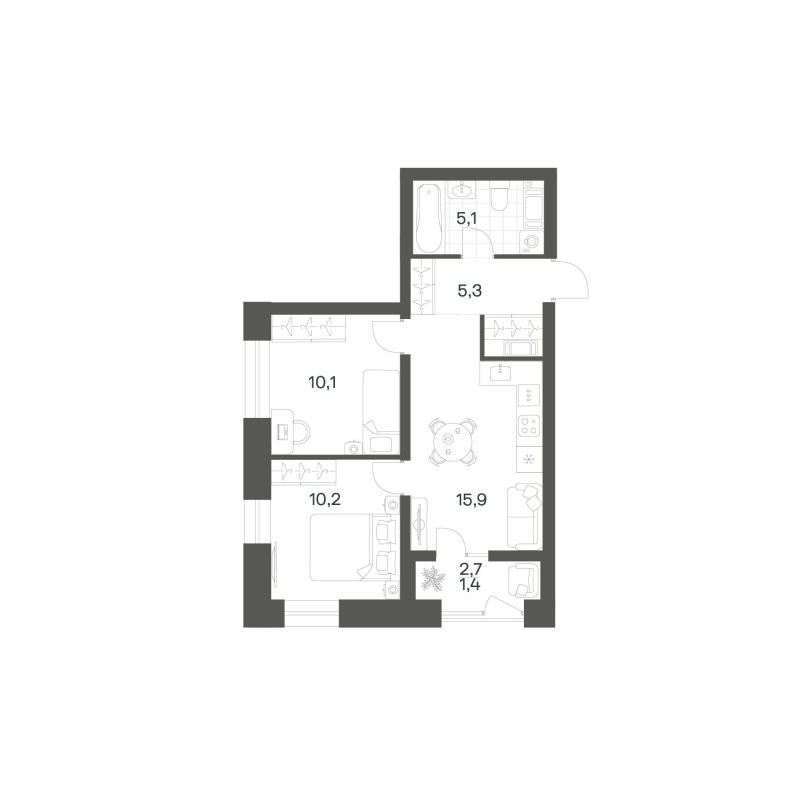 3-комнатная (Евро) квартира, 47.92 м² в ЖК "Новый Питер" - планировка, фото №1