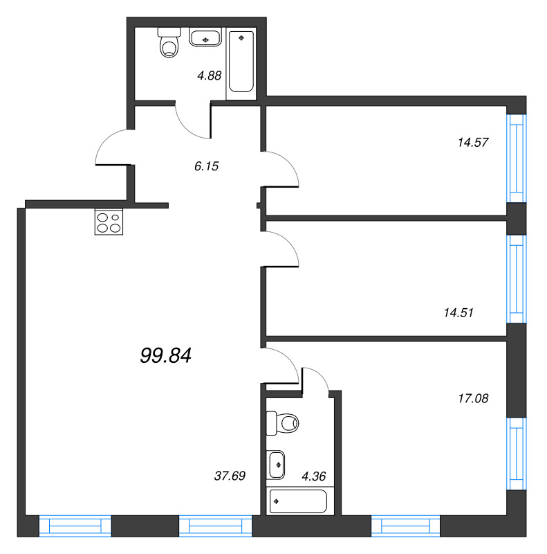 4-комнатная (Евро) квартира, 99.84 м² в ЖК "Чёрная речка" - планировка, фото №1