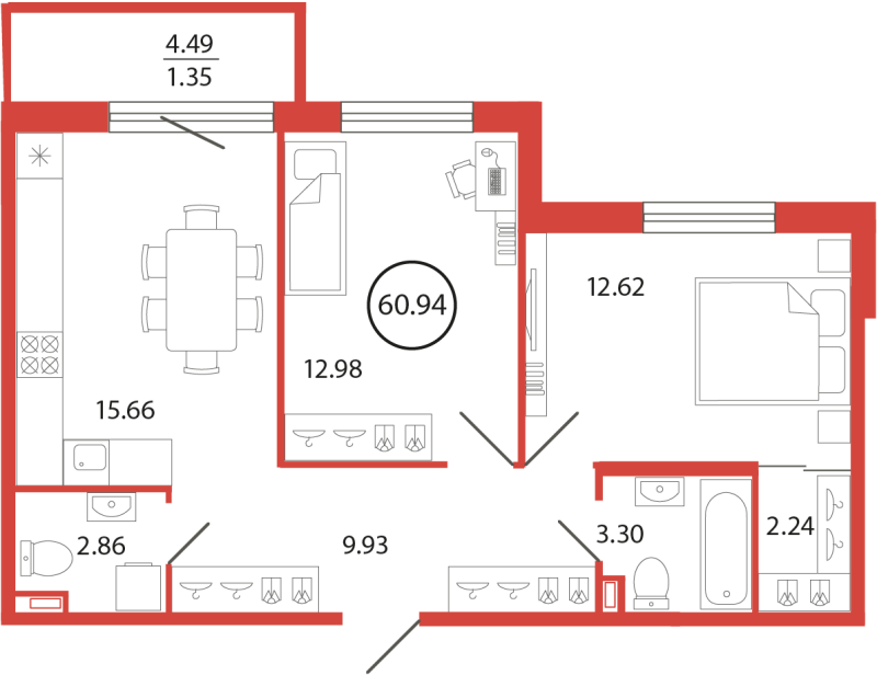 3-комнатная (Евро) квартира, 60.94 м² в ЖК "Энфилд" - планировка, фото №1
