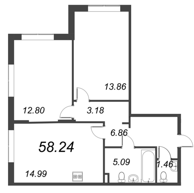 3-комнатная (Евро) квартира, 58.24 м² в ЖК "VEREN NORT сертолово" - планировка, фото №1