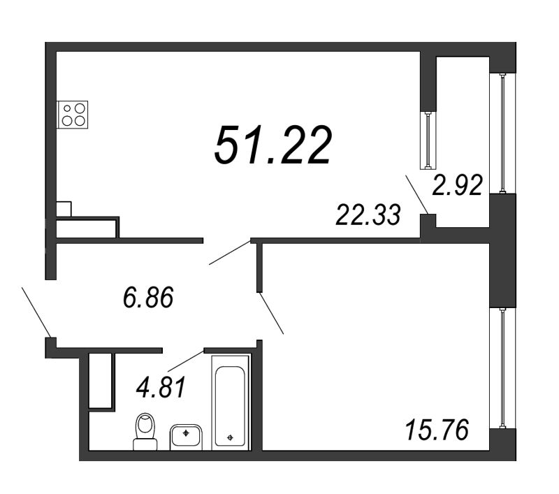 2-комнатная (Евро) квартира, 51.22 м² - планировка, фото №1