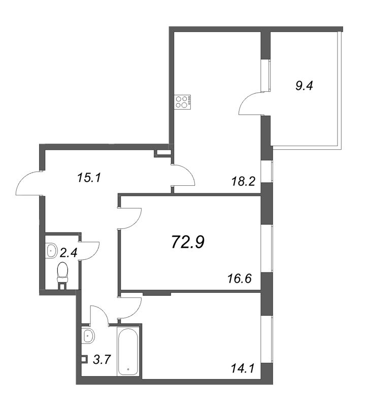 3-комнатная (Евро) квартира, 72.9 м² - планировка, фото №1