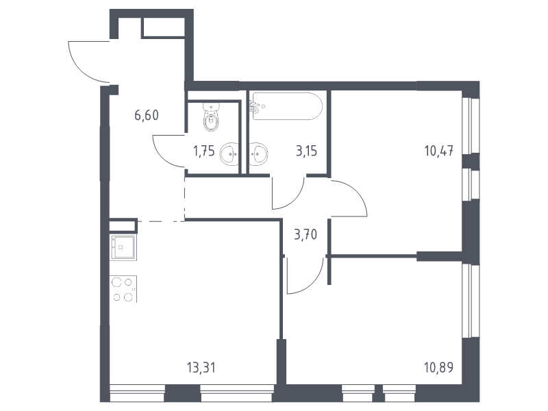 2-комнатная квартира, 49.87 м² в ЖК "Невская Долина" - планировка, фото №1