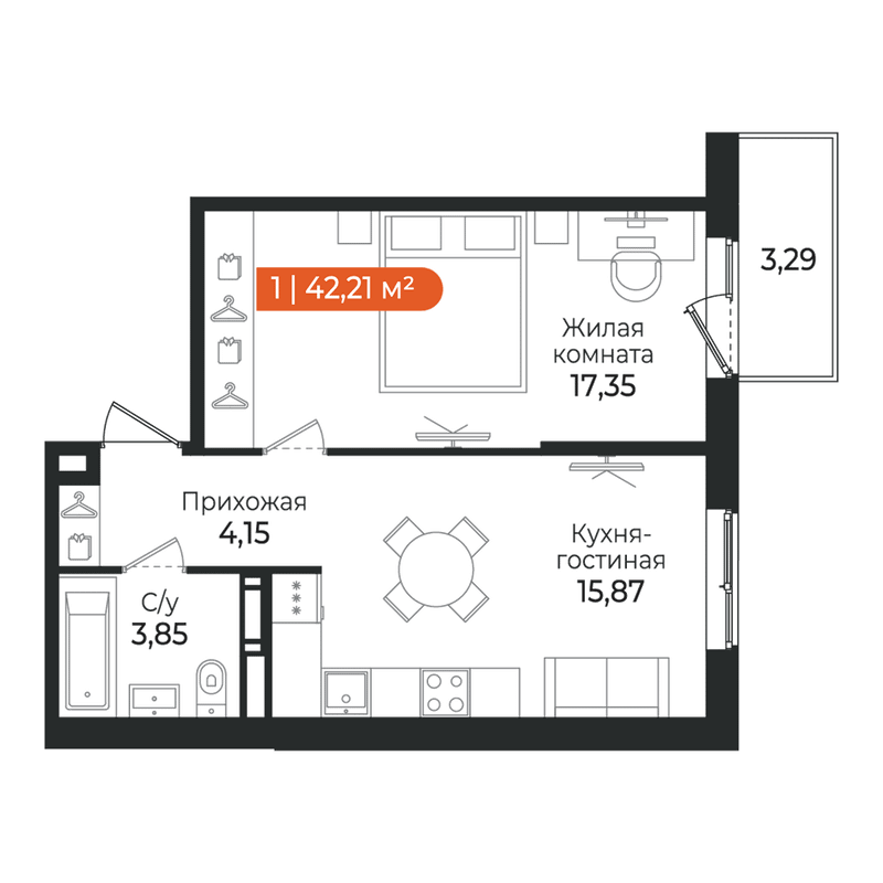 2-комнатная (Евро) квартира, 42.21 м² в ЖК "Алгоритм Квинта" - планировка, фото №1